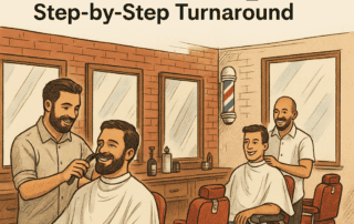 Barber shop turnaround guide showing revitalized barber chairs and happy customers