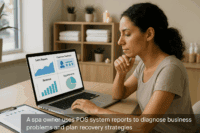 Spa owner reviewing POS system data to turn around failing spa business