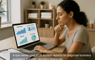 Spa owner reviewing POS system data to turn around failing spa business