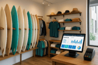 Surf shop interior with surfboards and apparel, powered by Complete POS Software for retail management
