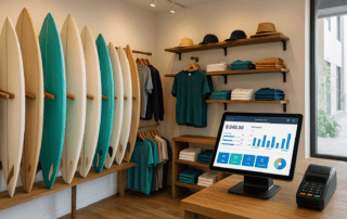 Surf shop interior with surfboards and apparel, powered by Complete POS Software for retail management