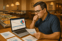 Buffet restaurant owner reviewing POS software reports to improve business