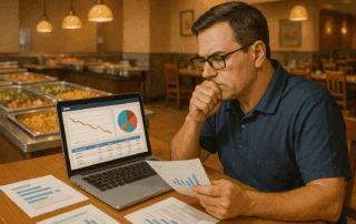 Buffet restaurant owner reviewing POS software reports to improve business