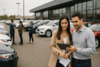 Modern car dealership lot with staff assisting customers during recovery event