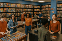 Interior of a comic book store with colorful displays, loyal customers, and a clean checkout counter using POS software