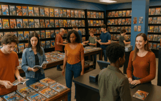 Interior of a comic book store with colorful displays, loyal customers, and a clean checkout counter using POS software