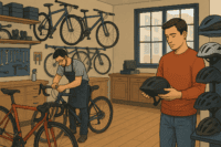 Interior of a struggling bicycle shop with a mechanic repairing a bike and a customer browsing, symbolizing business recovery.