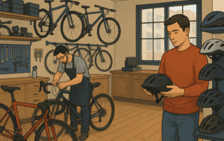 Interior of a struggling bicycle shop with a mechanic repairing a bike and a customer browsing, symbolizing business recovery.