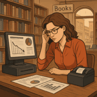 A struggling bookstore owner reviewing POS software reports to recover their business.