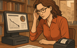 A struggling bookstore owner reviewing POS software reports to recover their business.