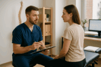 Chiropractor assessing patient in a struggling chiropractic practice, discussing recovery strategies
