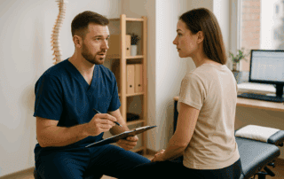 Chiropractor assessing patient in a struggling chiropractic practice, discussing recovery strategies