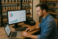 Dispensary owner using POS software to review business analytics and turnaround strategies