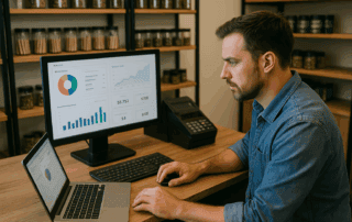 Dispensary owner using POS software to review business analytics and turnaround strategies