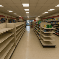 A struggling dollar store with declining sales and empty aisles, representing business recovery strategies.