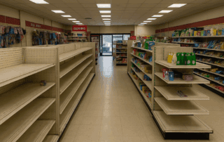 A struggling dollar store with declining sales and empty aisles, representing business recovery strategies.