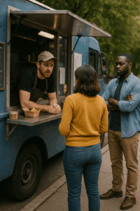 Food truck business owner assessing sales data and strategizing recovery with POS software.