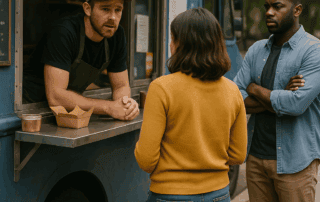 Food truck business owner assessing sales data and strategizing recovery with POS software.