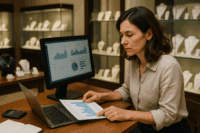 Jewelry store owner reviewing sales data to recover from business decline