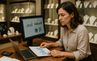 Jewelry store owner reviewing sales data to recover from business decline