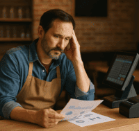 A pizza restaurant owner looking at sales reports with a worried expression, POS system in the background