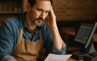 A pizza restaurant owner looking at sales reports with a worried expression, POS system in the background