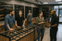Interior of a modern gun shop showing firearm displays and attentive staff helping customers