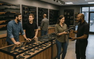 Interior of a modern gun shop showing firearm displays and attentive staff helping customers
