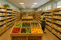 Interior of a modern health food store with natural lighting, neatly stocked organic products, and engaged staff