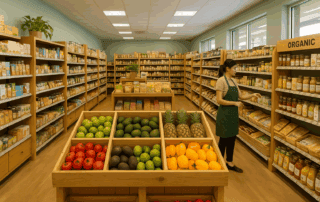 Interior of a modern health food store with natural lighting, neatly stocked organic products, and engaged staff
