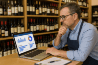 Liquor store owner analyzing POS reports to improve profitability