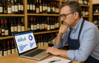 Liquor store owner analyzing POS reports to improve profitability