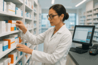 Pharmacist organizing medicine shelves inside a modern retail pharmacy with digital POS terminal in background
