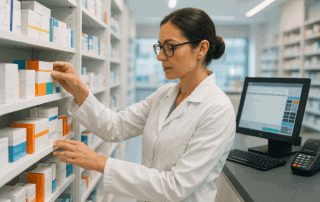 Pharmacist organizing medicine shelves inside a modern retail pharmacy with digital POS terminal in background
