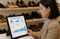 Shoe store owner reviewing Point of Sale Software reports to save a failing shoe business