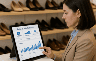 Shoe store owner reviewing Point of Sale Software reports to save a failing shoe business