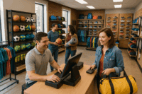A small sporting goods store interior with organized shelves, active customers, and a smiling cashier using a POS terminal.