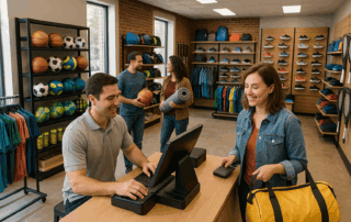 A small sporting goods store interior with organized shelves, active customers, and a smiling cashier using a POS terminal.