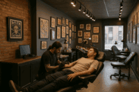 Interior of a tattoo studio with an artist working, used in an article about saving a failing tattoo parlor.