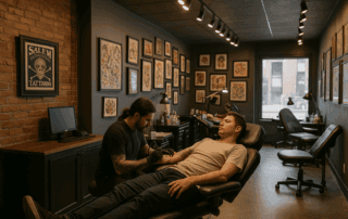 Interior of a tattoo studio with an artist working, used in an article about saving a failing tattoo parlor.
