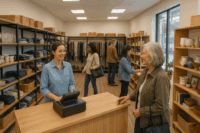 Organized and modern thrift store interior showing clean shelves and happy customers