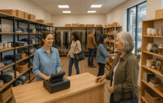 Organized and modern thrift store interior showing clean shelves and happy customers