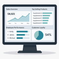 POS dashboard showing supplement sales, employee performance, and loyalty program data in a vitamin store setting.