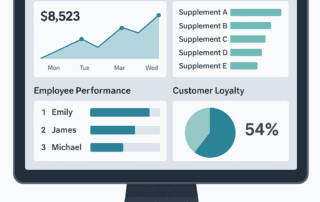 POS dashboard showing supplement sales, employee performance, and loyalty program data in a vitamin store setting.