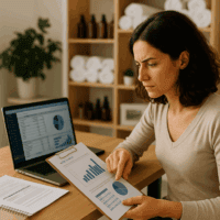 Wellness center owner analyzing business reports and client data for recovery strategies.