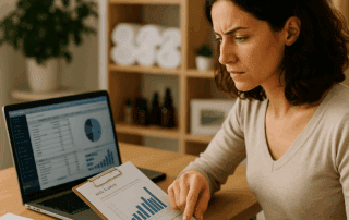 Wellness center owner analyzing business reports and client data for recovery strategies.