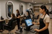 A modern hair salon using AI-powered tools and smart scheduling technology.