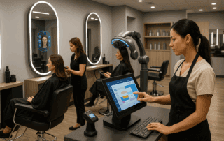 A modern hair salon using AI-powered tools and smart scheduling technology.