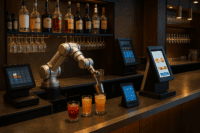 A modern bar using AI technology and automation tools to serve drinks and manage operations efficiently