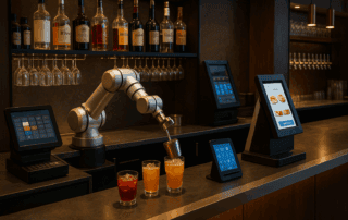 A modern bar using AI technology and automation tools to serve drinks and manage operations efficiently